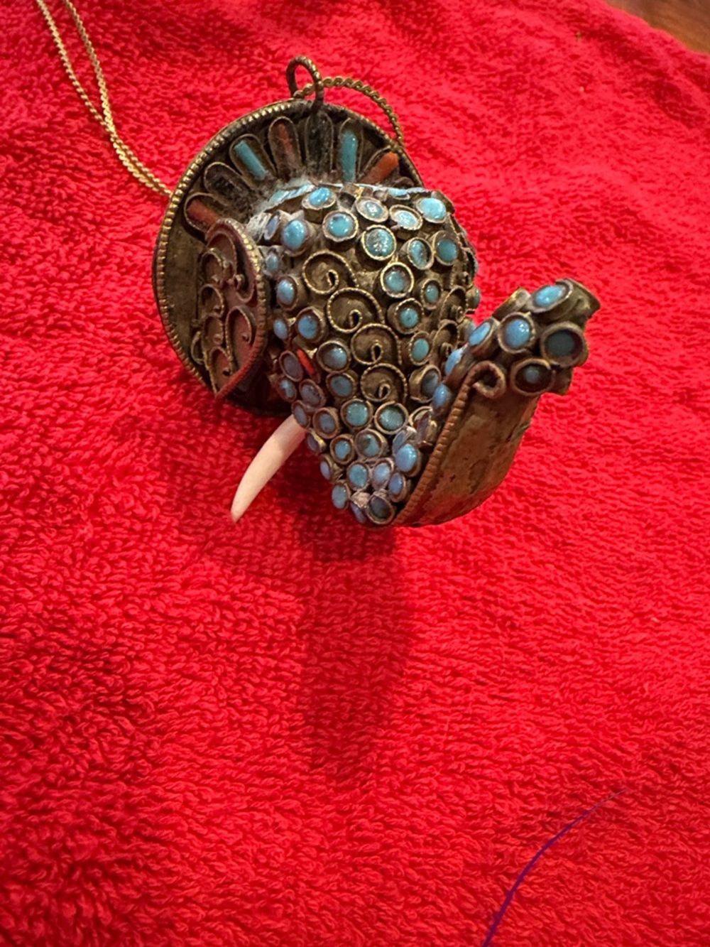 Vintage Tibetan Elephant Pendant Brass Turquoise Coral Filigree